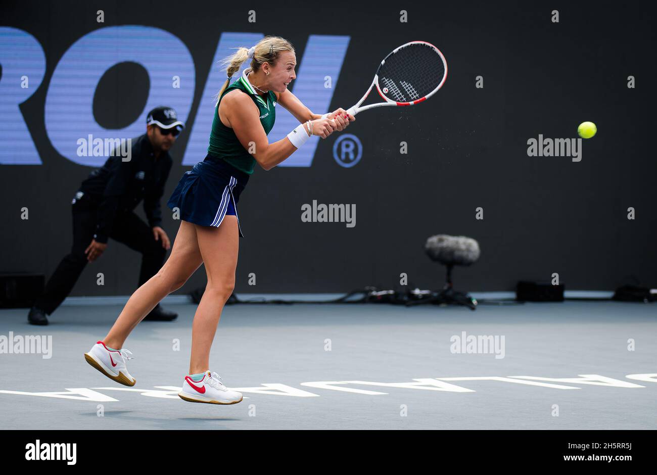 Anett Kontaveit of Estonia in action against Barbora Krejcikova of the  Czech Republic during the first round-robin match at the 2021 Akron WTA  Finals Guadalajara, Masters WTA tennis tournament on November 10,