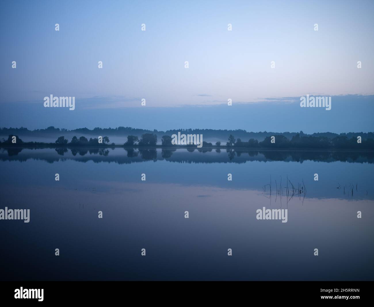 misty morning by the lake with calm water, fog and reflections of trees ...