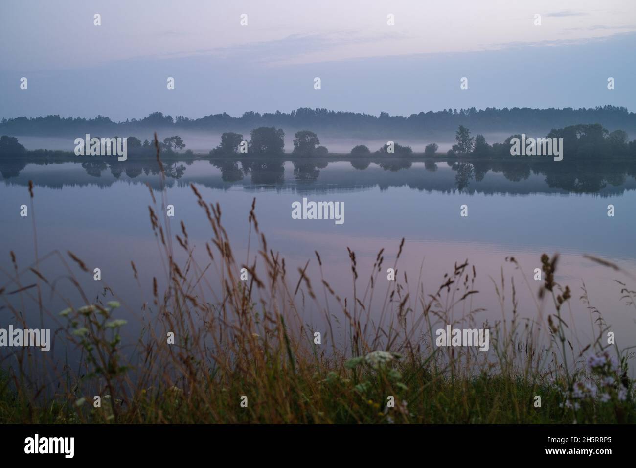 misty morning by the lake with calm water, fog and reflections of trees ...