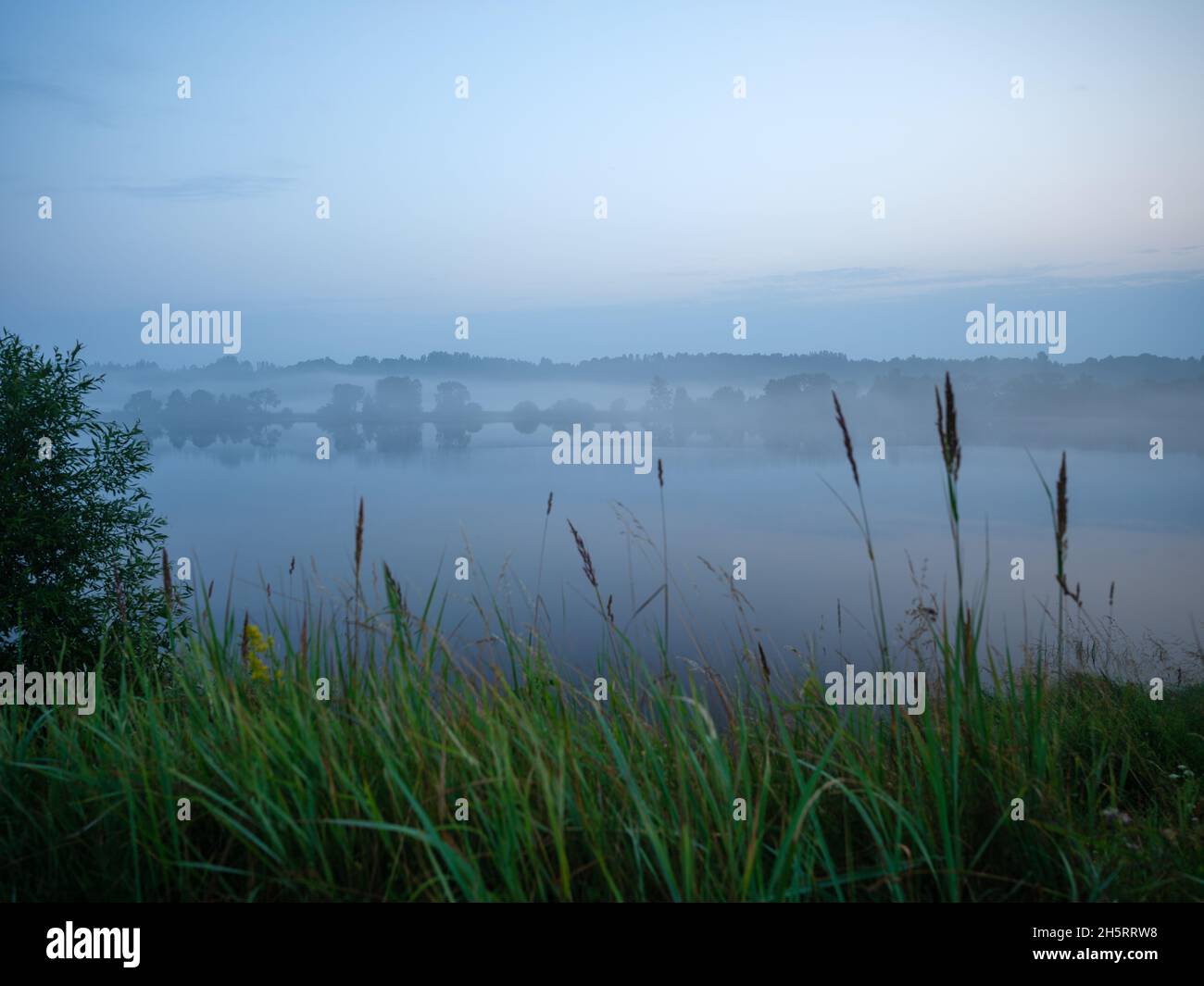 misty morning by the lake with calm water, fog and reflections of trees ...
