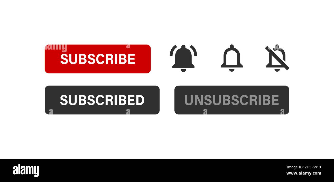 Subscribe button with bell icon for social media content, vector. Play video notification in flat style. Modern illustration Stock Vector