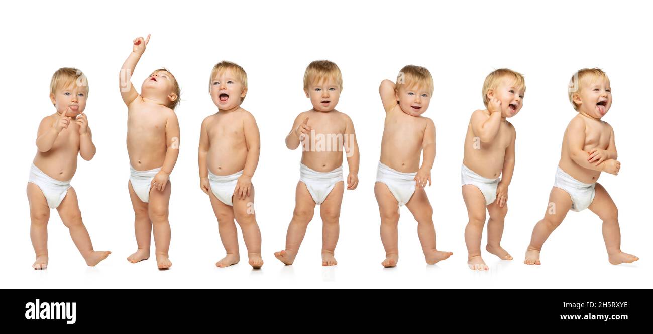 Collage of portraits of little boy, baby, child standing in diaper and  making funny cute faces isolated over white background Stock Photo - Alamy, image size:1300x666