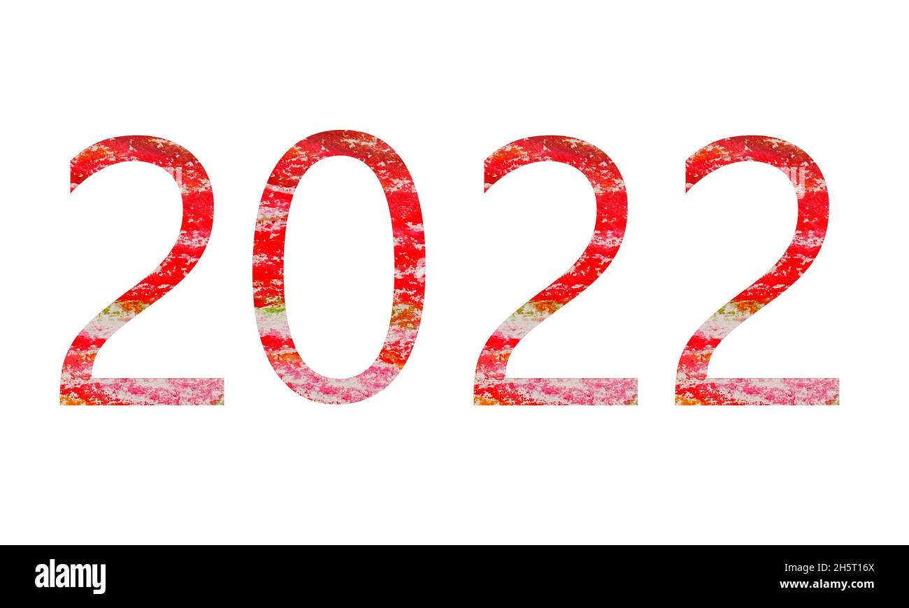 2022 text for the new year, text with numbers made from with red chalk drawing isolated on a white background Stock Photo