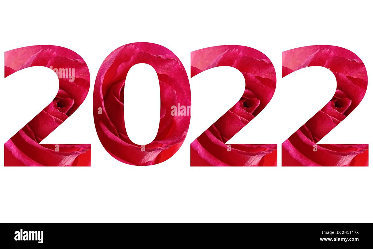 2022 text for the new year, text with numbers made from red roses isolated on a white background Stock Photo