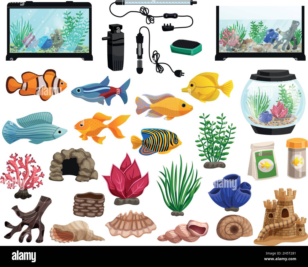 https://c8.alamy.com/comp/2H5T281/aquaristics-cartoon-set-with-aquarium-fishes-corals-stones-seaweeds-seashells-and-aquarium-tanks-of-different-shapes-vector-illustration-2H5T281.jpg