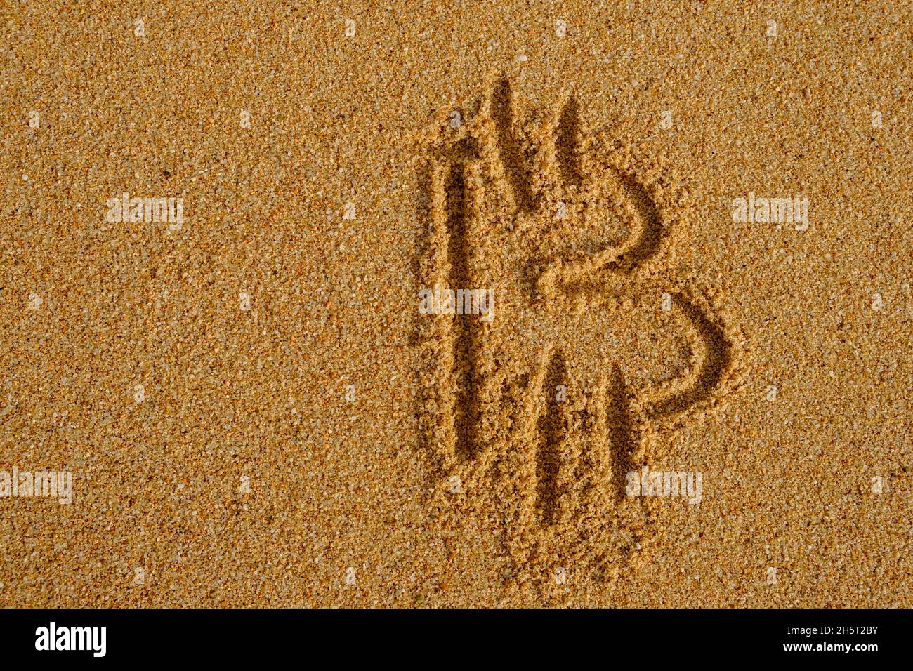 Bitcoin sign written on sand in evening sunlight Stock Photo
