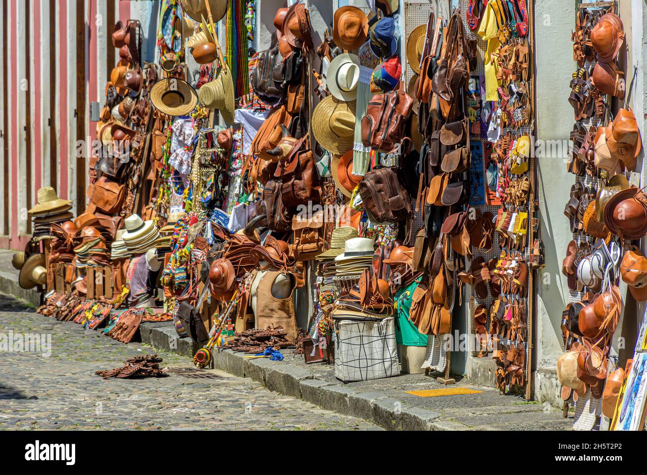 Traditional commerce of typical products, souvenirs and musical instruments of various types on the streets of Pelourinho in the city of Salvador, Bah Stock Photo