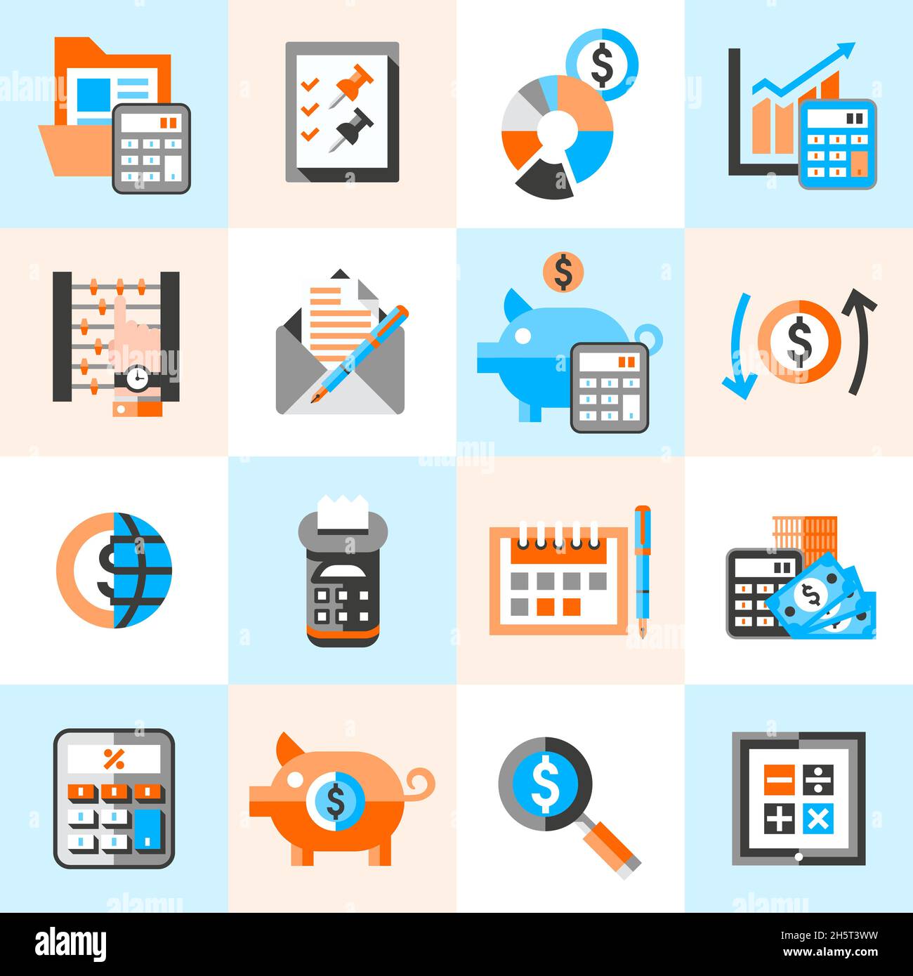 Accounting money finance banking budget investment icons set isolated vector illustration. Stock Vector