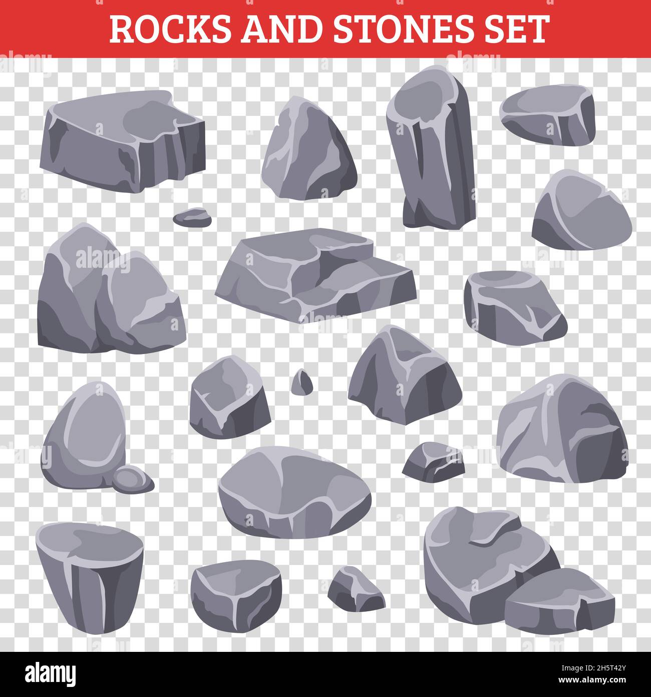 Big and small gray rocks and stones mountain set on transparent background isolated vector illustration Stock Vector