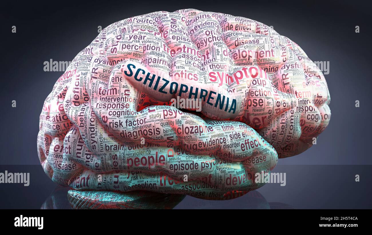 Schizophrenia in human brain, hundreds of crucial terms related to Schizophrenia projected onto a cortex to show broad extent of the condition and to Stock Photo