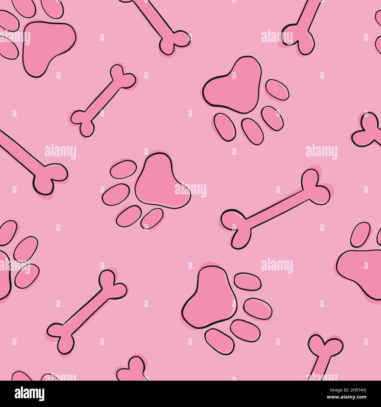 Paws and Bones doodle seamless pattern. Digital Illustration Background. Stock Vector