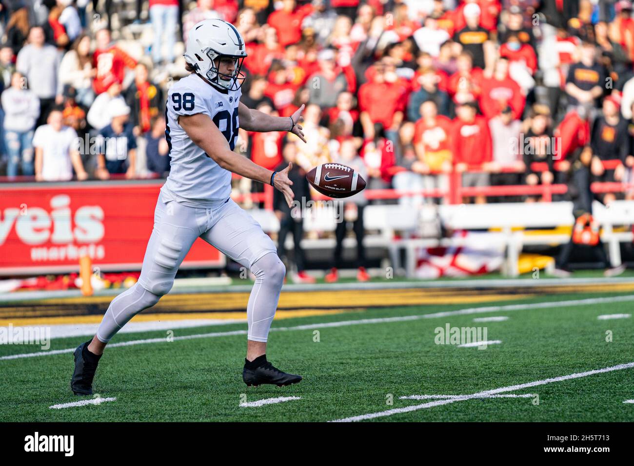 Penn State Nittany Lions place kicker Jordan Stout (98) punts during the NCAA college football game between Penn State and Maryland on Saturday November 6, 2021 at Capital One Field at Maryland Stadium in College Park, MD. Jacob Kupferman/CSM Stock Photo