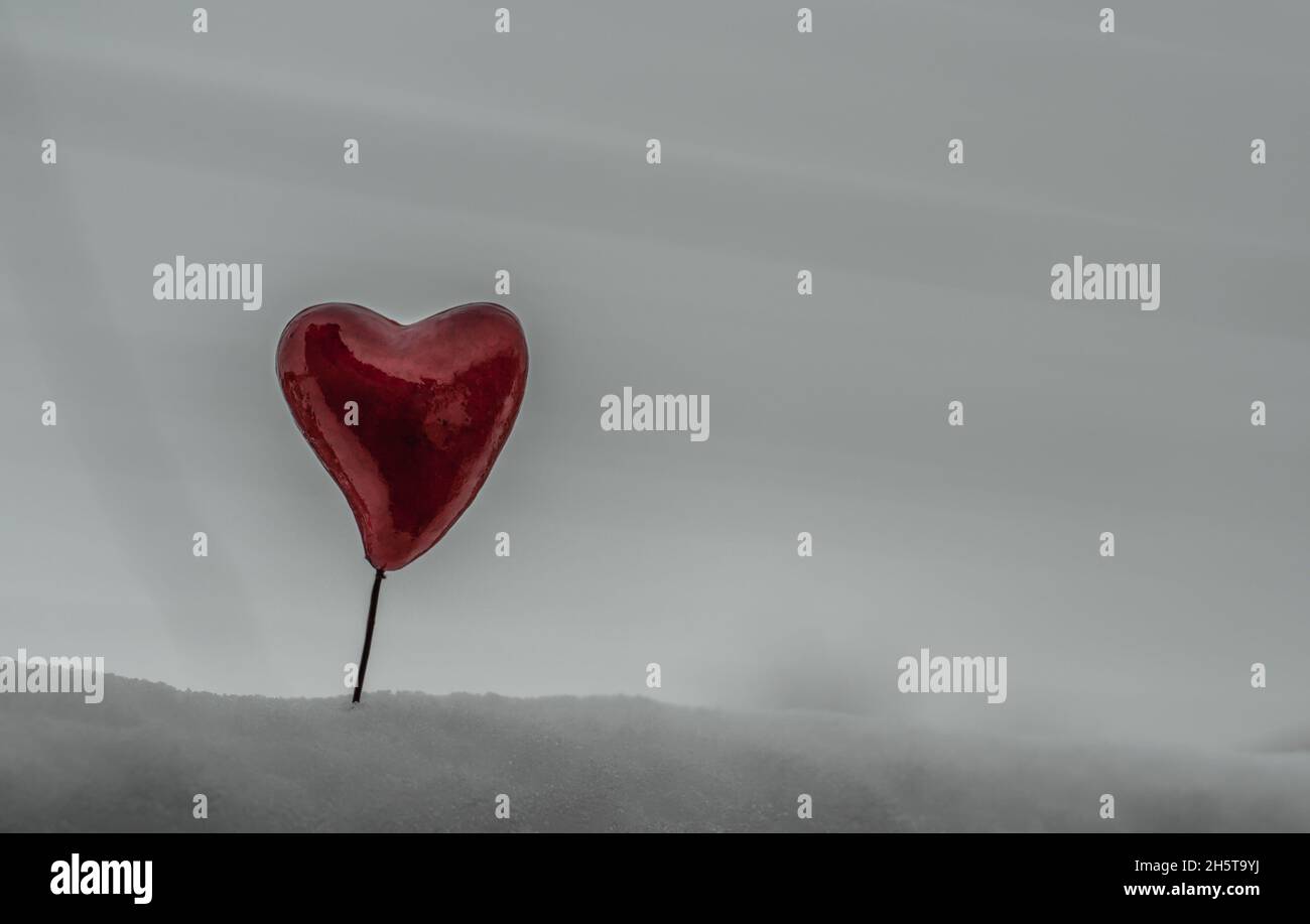 Big red heart in the snow on a concrete background. Fallen love concept ...