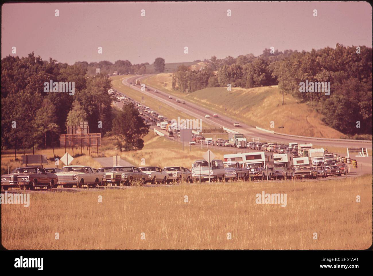 Traffic on the Highway 25 exit off Interstate 65, near Nashville, TN, 9/1972. (Photo by William Strode/Records of the Environmental Protection Agency) Stock Photo