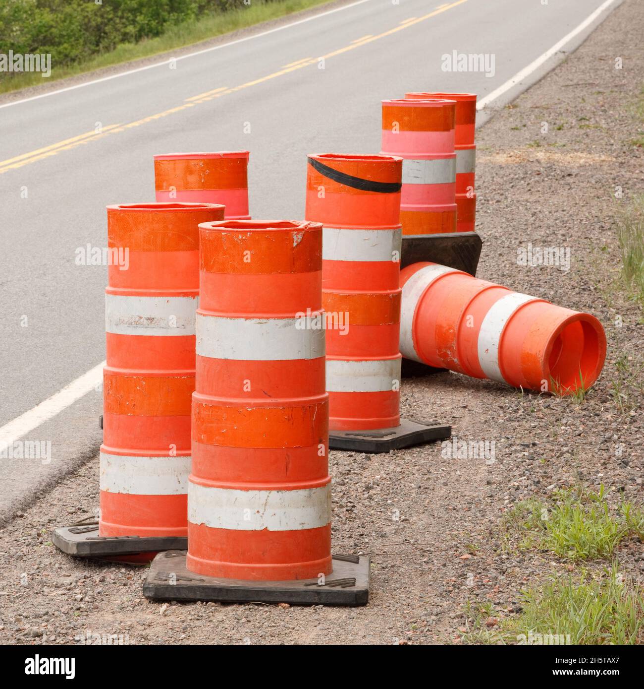 Closeup of the traffic pylons on the road. Stock Photo