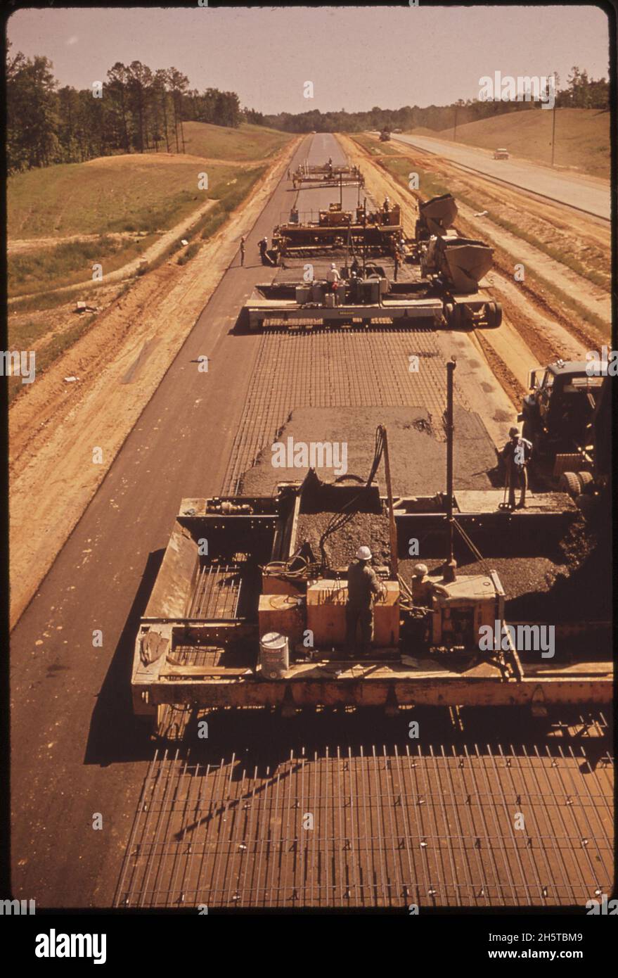 Steel rods made from shredded autos are being used for reinforcement during the construction of this section of I-55, North of Durant, MS. 5/1972. Stock Photo