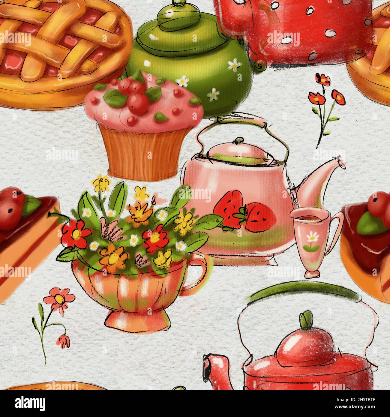 Seamless hand drawn pattern. Tea drinking illustration Stock Photo - Alamy