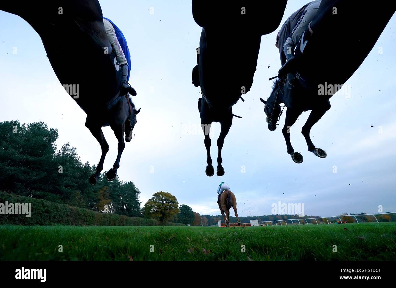 A general view of the runners and riders in action as they clear a
