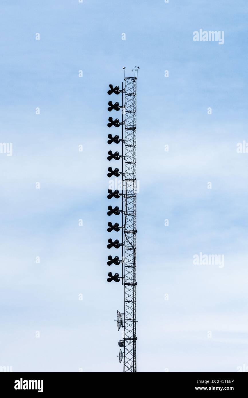 A cell phone communication tower with a very unusual antenna design.  Monroe Mountain, Utah. Stock Photo
