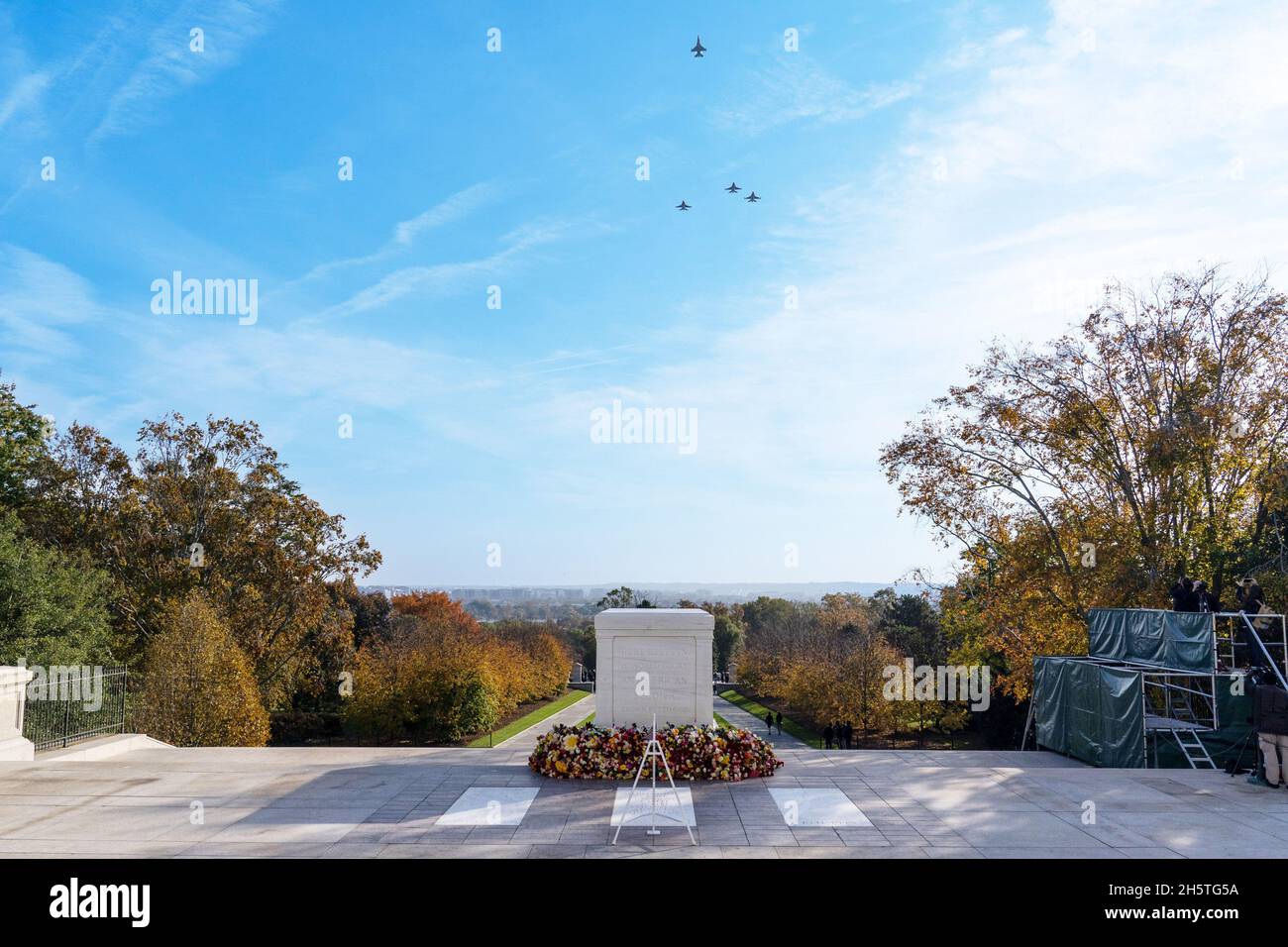 Arlington, USA. 11th Nov, 2021. A formation of U.S. Air Force F-16 Fighting Falcons fly over during a centennial ceremony for the Tomb of the Unknown Soldier, in Arlington National Cemetery in Arlington, Virginia on Veterans Day, Thursday, November 11, 2021, Pool photo by Alex Brandon/UPI Credit: UPI/Alamy Live News Stock Photo