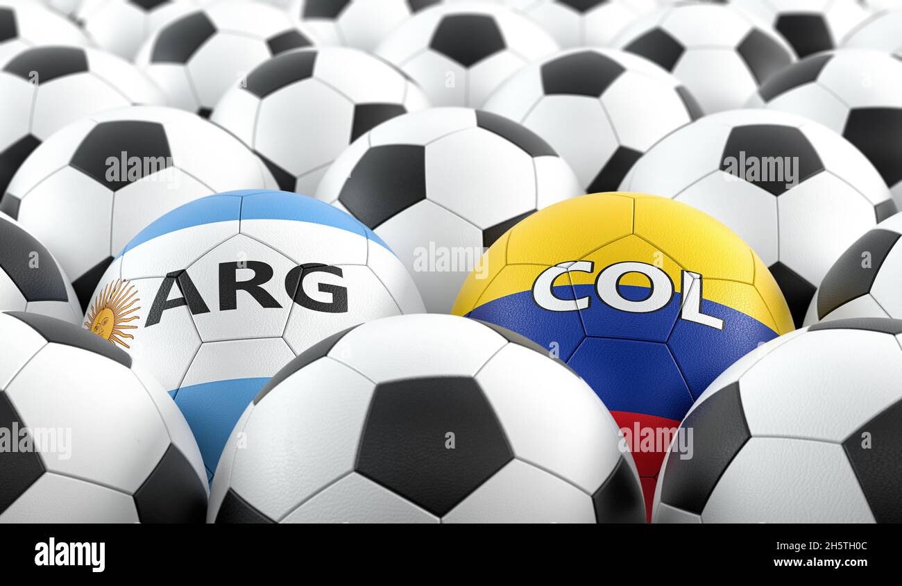 Argentina vs. Colombia Soccer Match - Leather balls in Argentina and Colombia national colors. 3D Rendering Stock Photo