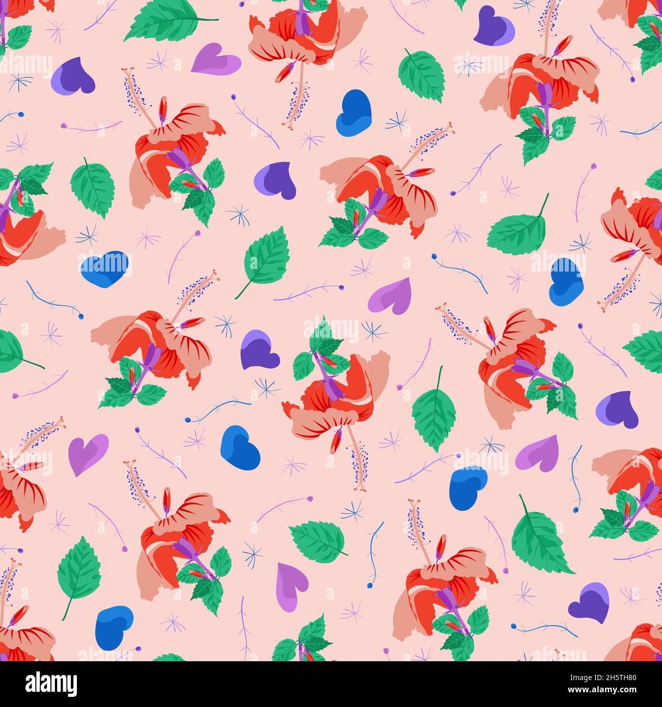 Repeat picture flowery hibiscus allover artwork pattern. A symmetrical, seamless textile pattern for different type of fabrics. Printable on any upholstery, wallcovering, tapestry etc. Stock Vector