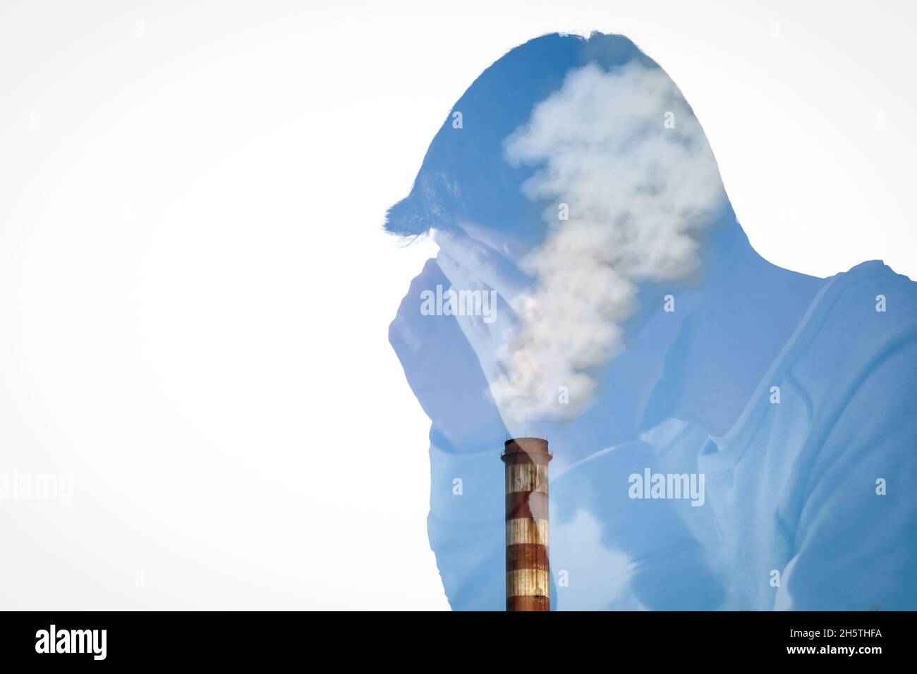 Double exposure. Silhouette of a Young troubled man combined with a ...