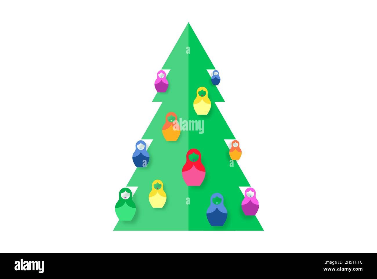 Christmas tree paper cutting  design with colorful Russian nesting doll Matrioshka ornaments, papercraft for play children. Vector illustration Stock Vector