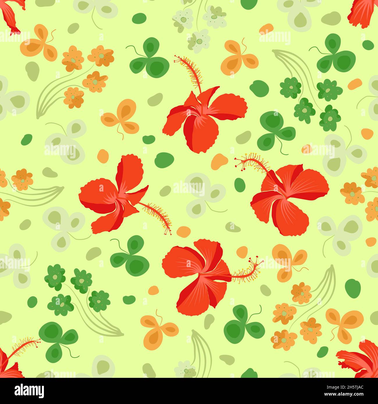 Flourish full panoramic motif image of tahitian hibiscus rosa sinensis. Best for printing material such as handkerchief, shower curtain, phone, duvet, etc. Allover botanical surface pattern. Stock Vector