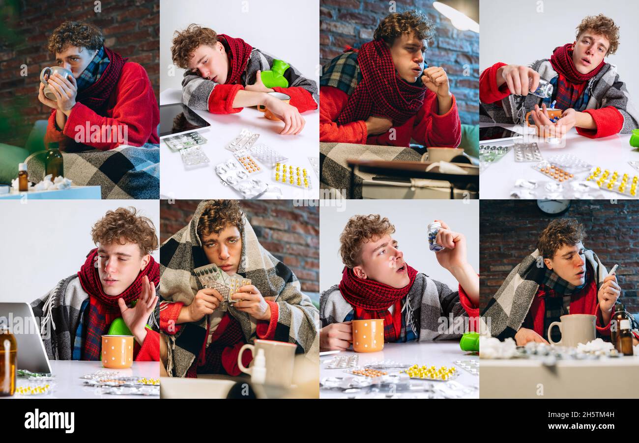 Collage of portraits of sick young boy suffering from cold and flu on ...