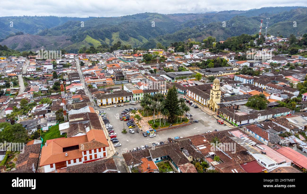 Aerial view Iglesia of Nuestra Señora del Carmen, Salento, Colombia Stock Photo