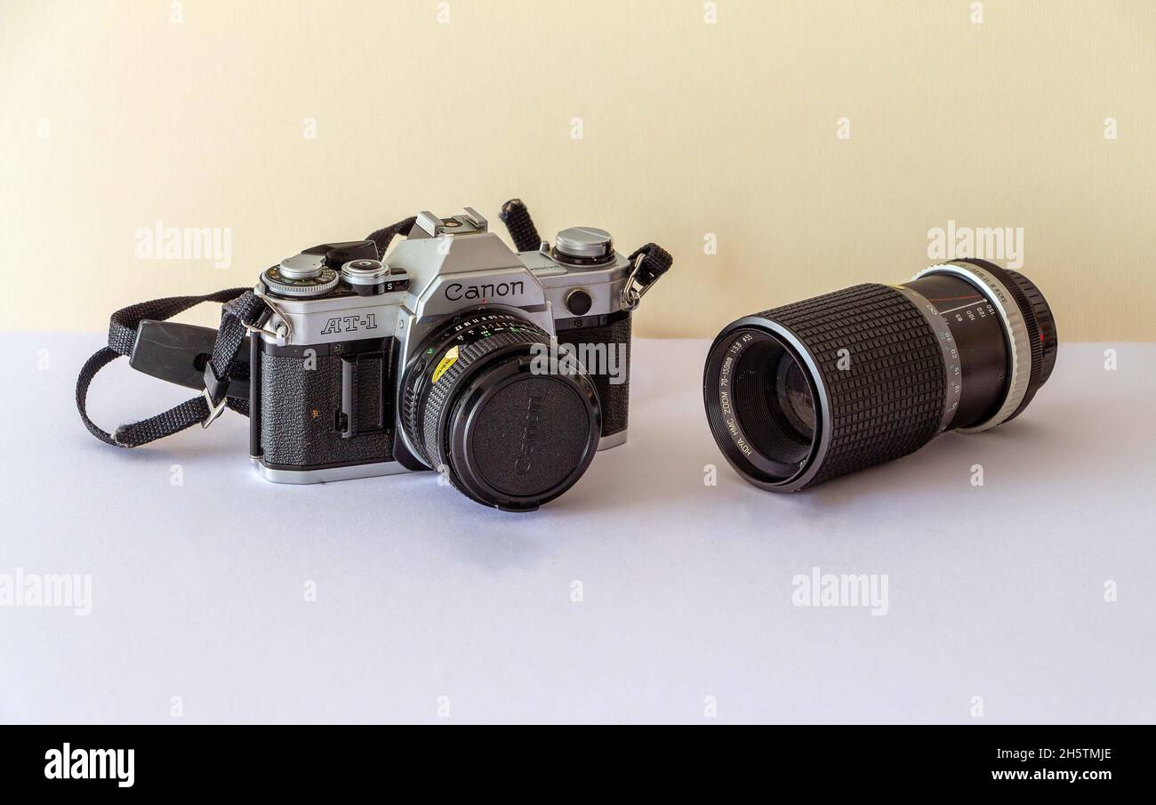 Canon AT-1 camera with a 28mm and 70-150mm lens from the 1970's Stock Photo