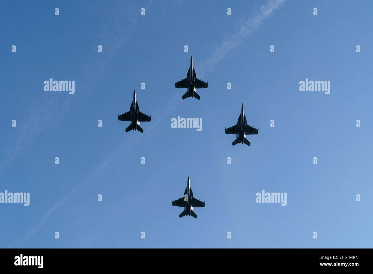 Arlington, USA. 11th Nov, 2021. A formation of U.S. Navy F/A-18 Hornets fly over during a centennial ceremony for the Tomb of the Unknown Soldier, in Arlington National Cemetery in Arlington, Virginia on Veterans Day, Thursday, November 11, 2021, Pool photo by Alex Brandon/UPI Credit: UPI/Alamy Live News Stock Photo