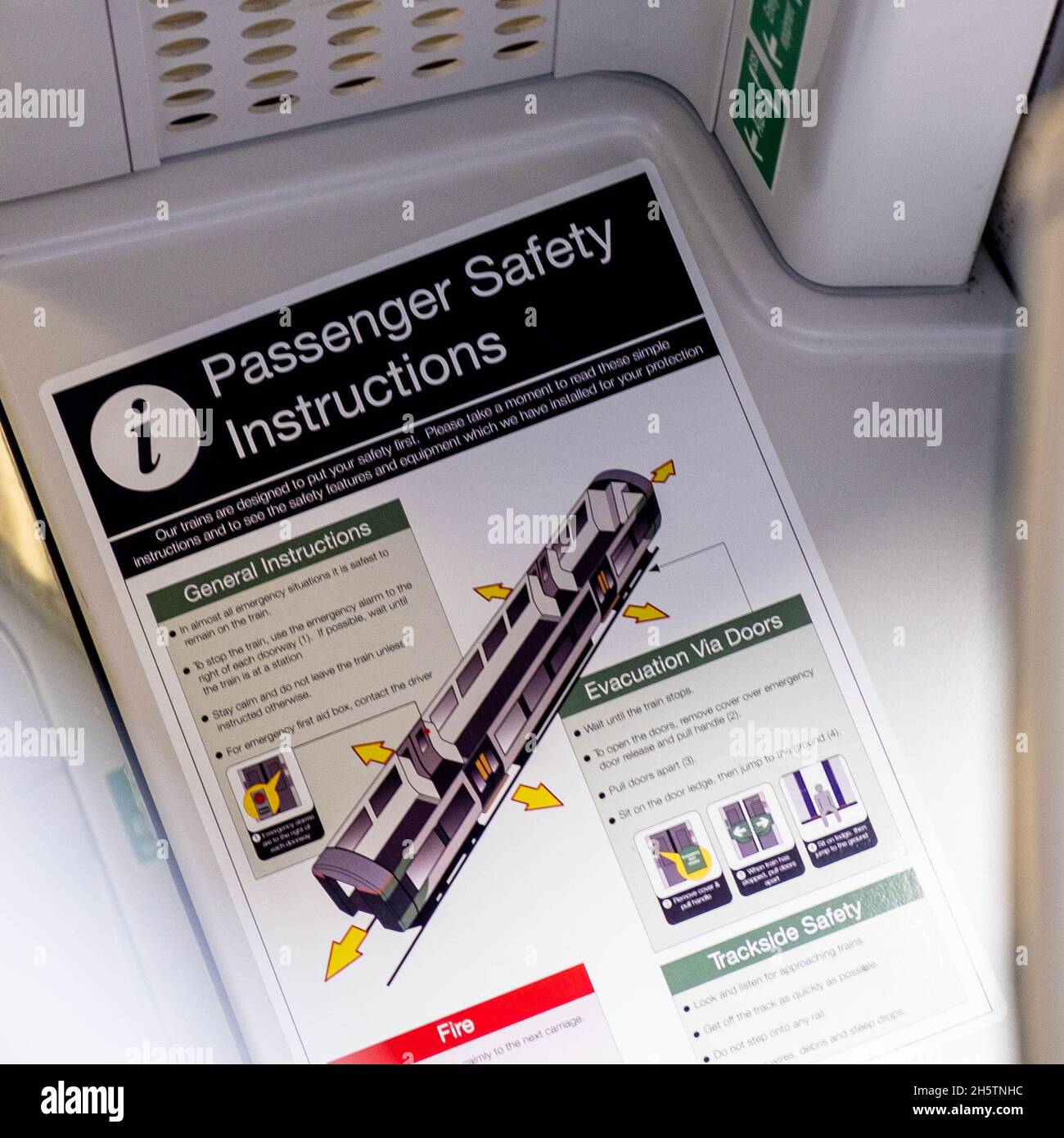 London England UK, November 7 2021, Passenger Safety Instruction Poster Information For Emergency Evacuation From A Railway Train With No People Stock Photo