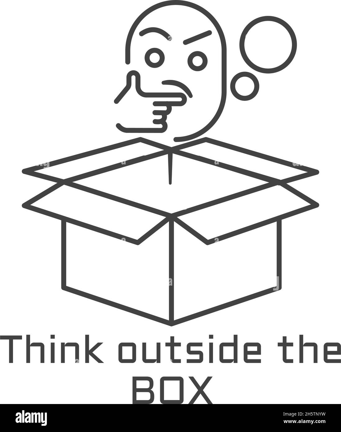Thinking outside the box concept. Open cardboard box with thinking human face. Outline thin line illustration. Isolated on white background. Stock Vector