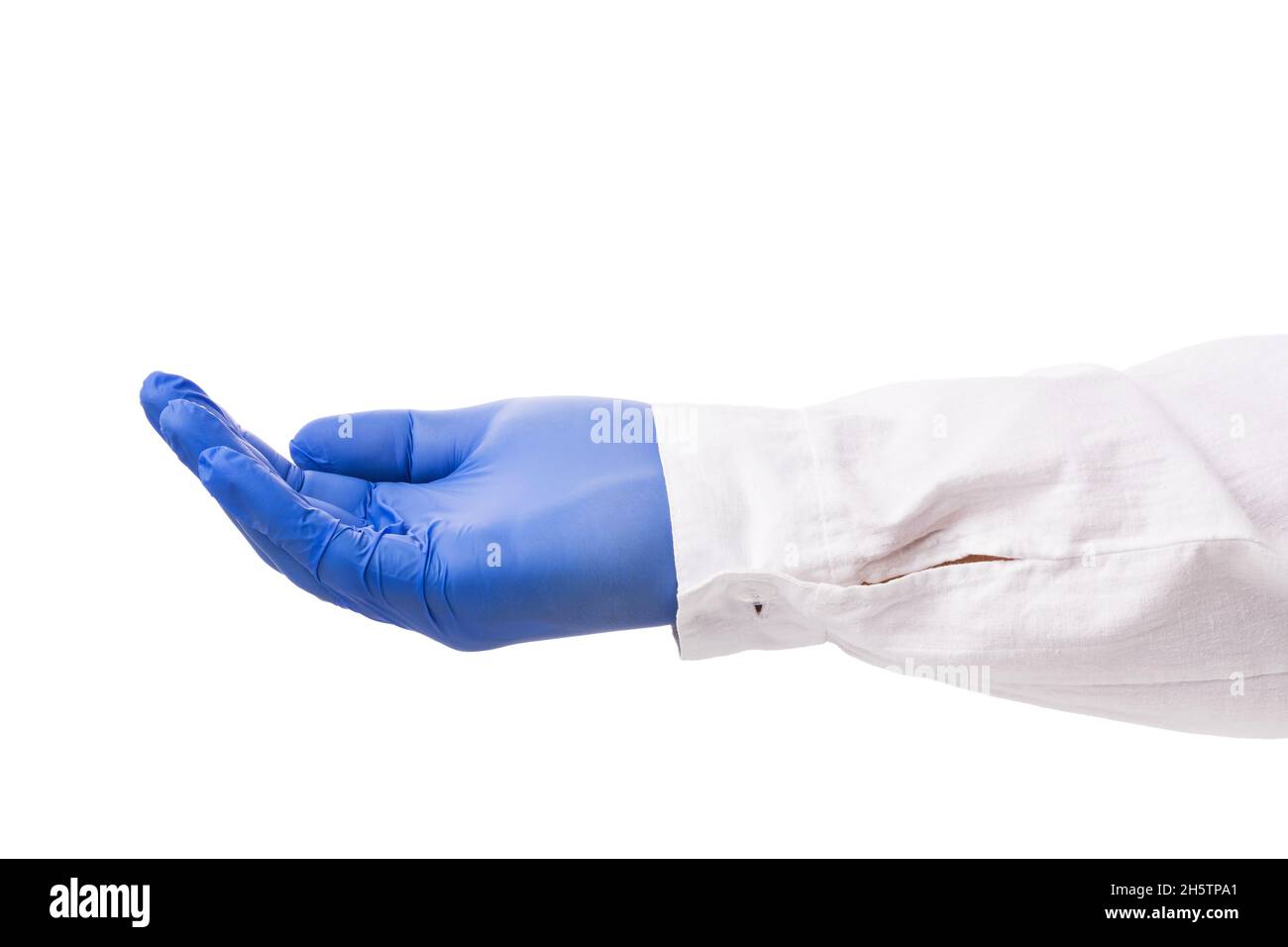 Outstretched hand of doctor in gloves isolated on white background, template for designers Stock Photo