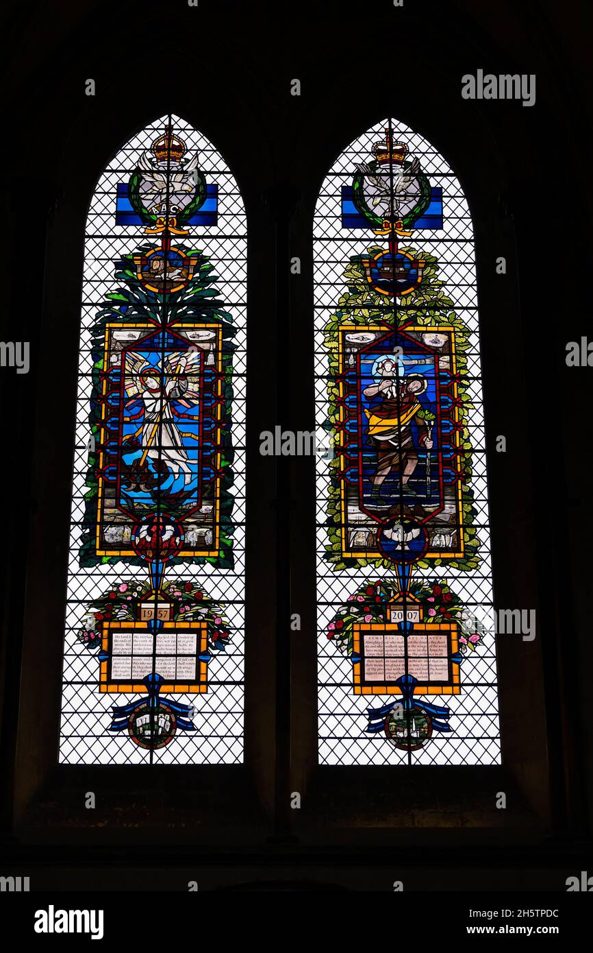 Stained glass window dedicated to the Army Air Corps. Salisbury Cathedral. Salisbury, Wiltshire, England Stock Photo