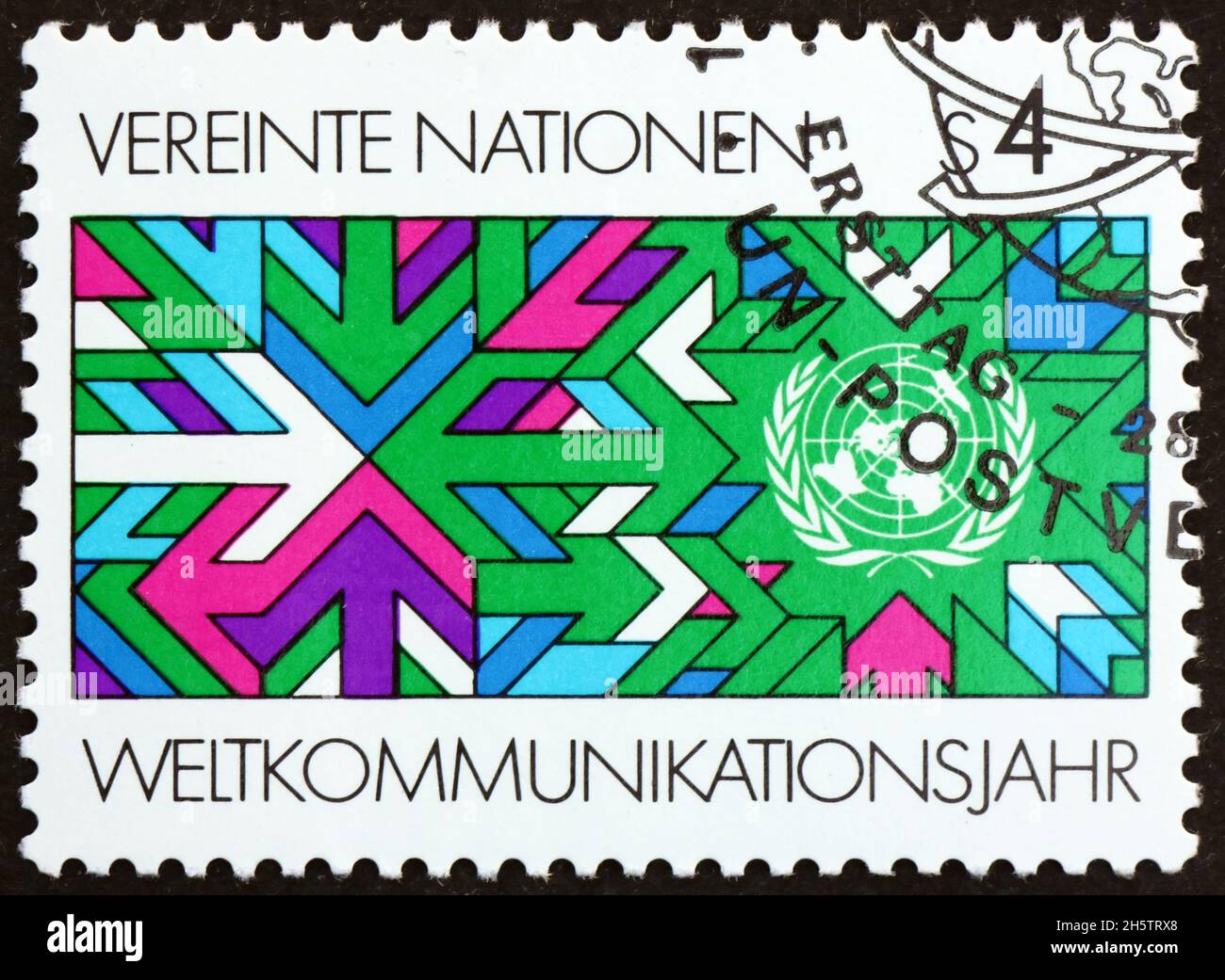 UNITED NATIONS - CIRCA 1991: a stamp printed in the United Nations, offices in Vienna dedicated to world communications year, circa 1991 Stock Photo