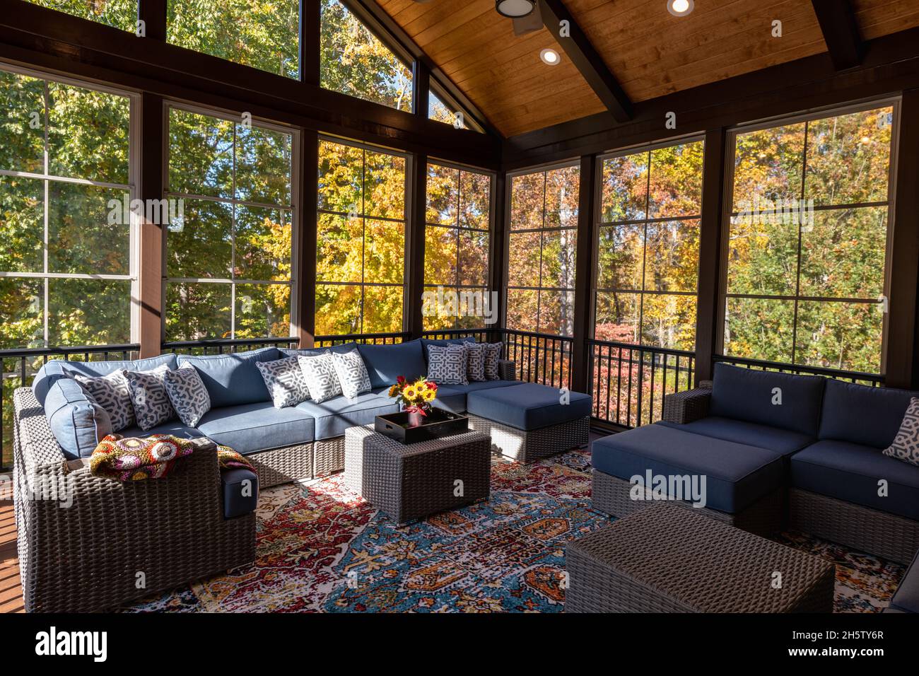 New modern screened porch with patio furniture, summertime woods in the