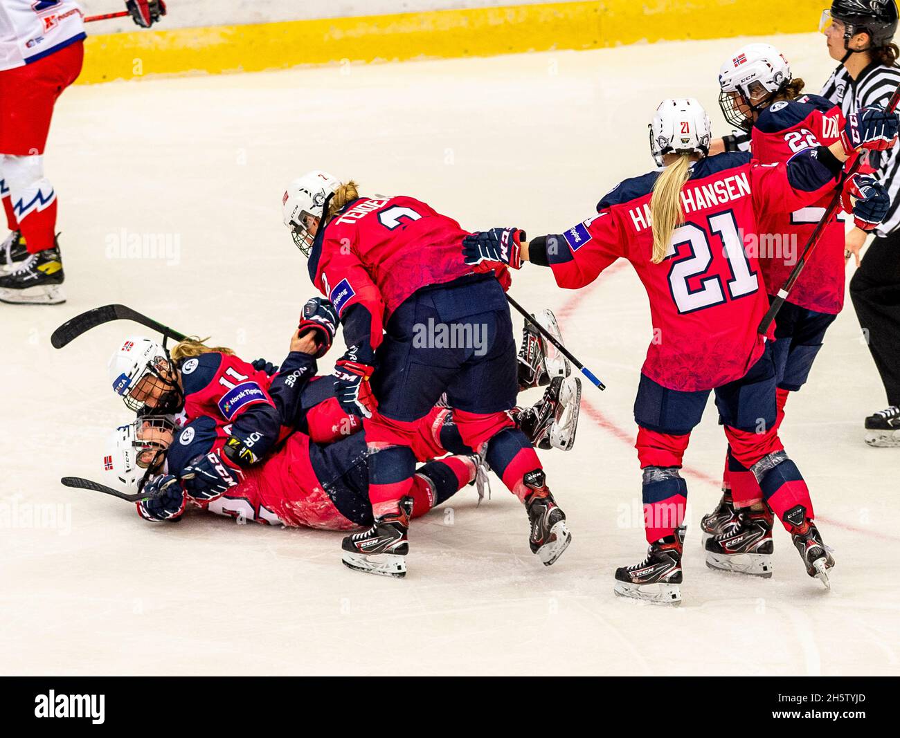 Chomutov, Czech Republic. 14th Nov, 2021. Czech players celebrate after the 2022  Olympic Women's Ice hockey Final Qualification, Group C, Czech Republic vs  Hungary, on November 14, 2021, in Chomutov, Czech Republic.
