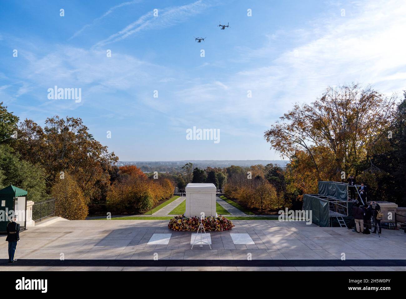 Arlington, USA. 11th Nov, 2021. A formation of U.S. Marine Corps MV-22 Ospreys fly over during a centennial ceremony for the Tomb of the Unknown Soldier, in Arlington National Cemetery, on Veterans Day, Thursday, Nov. 11, 2021, in Arlington, VA, USA. Photo by Alex Brandon, Pool/ABACAPRESS.COM Credit: Abaca Press/Alamy Live News Stock Photo