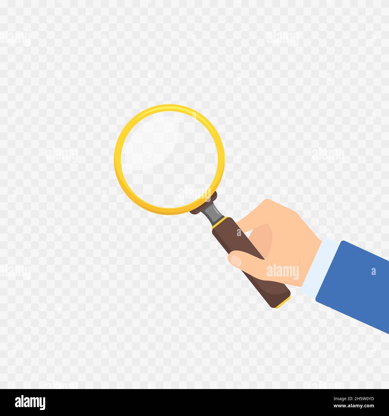 hand with magnifier on transparent background in flat style Stock