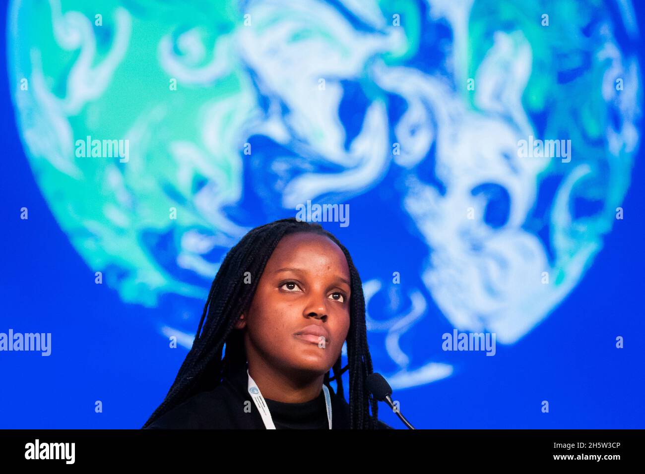 Glasgow, UK. 11th Nov, 2021. Vanessa Nakate, climate activist from Uganda, takes part in a panel discussion with Scottish First Minister Sturgeon at the UN Climate Change Conference COP26. The world climate conference is taking place in Glasgow. Around 200 countries are negotiating how to curb the global climate crisis and global warming. Credit: Christoph Soeder/dpa/Alamy Live News Stock Photo