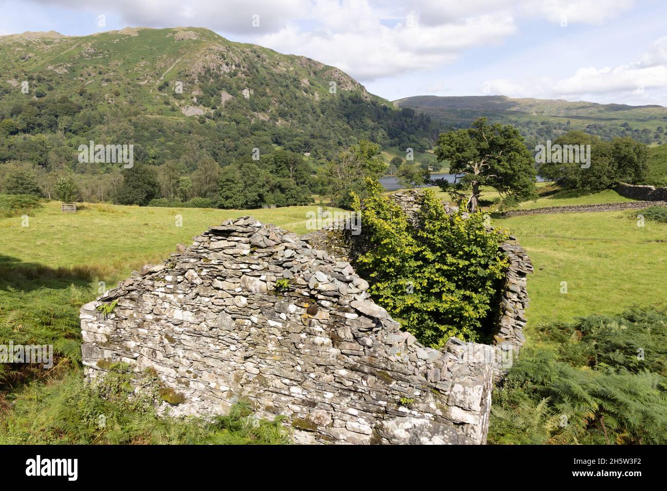 Lake District UK; landscape with ruined shepherds croft, bothy or hut, at Rydal Water, Cumbria UK, Lake District National Park, England  countryside Stock Photo