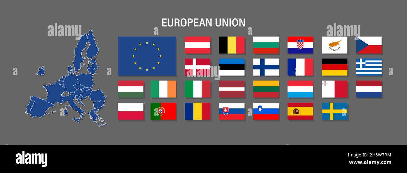 European Union map and flag vector icon. Political and economic signs and symbols. Countries for infographics and media Stock Vector