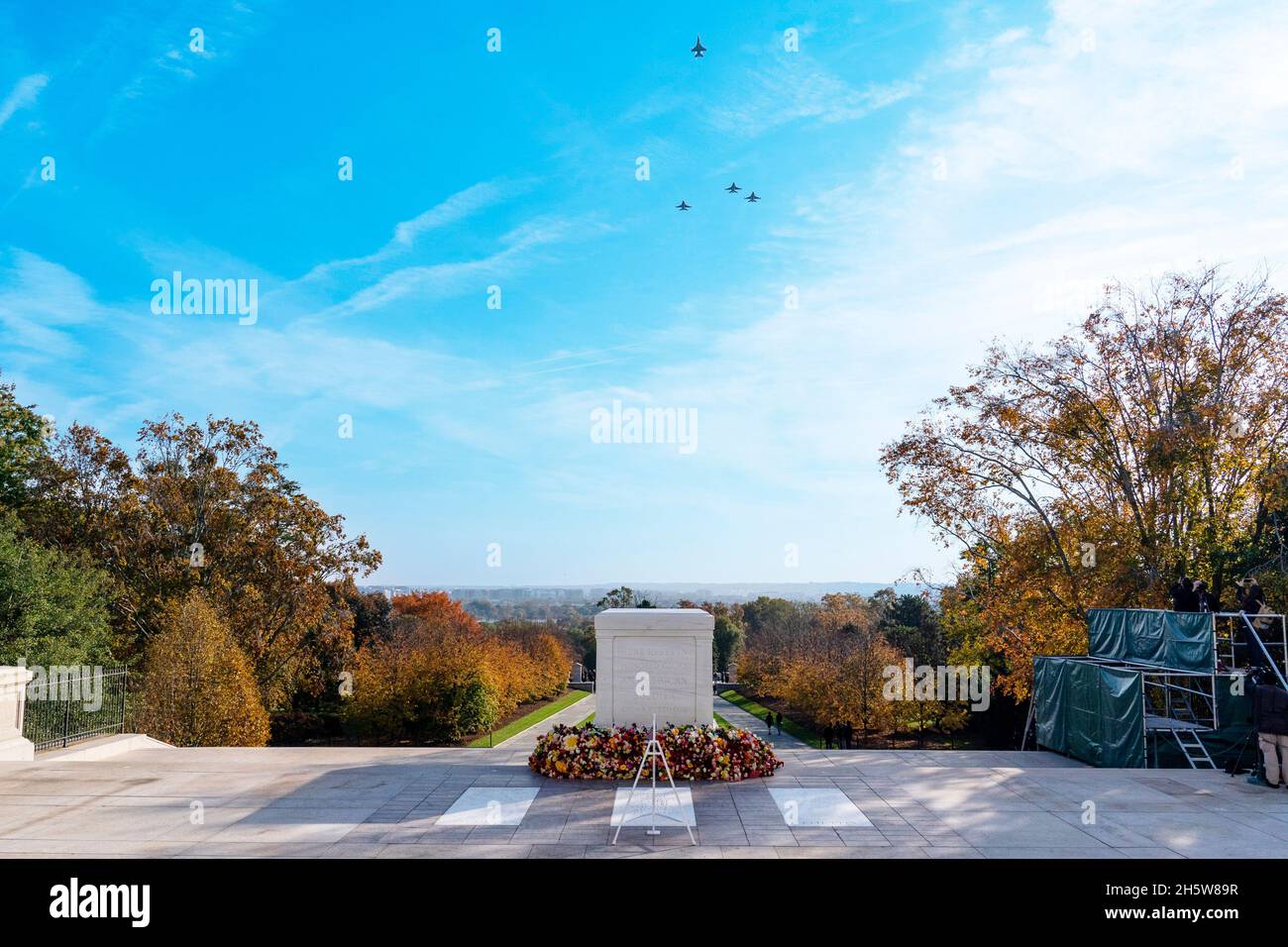 Arlington, Virginia. 11th Nov, 2021. A formation of United States Air Force F-16 Fighting Falcons fly over during a centennial ceremony for the Tomb of the Unknown Soldier, in Arlington National Cemetery, on Veterans Day, Thursday, Nov. 11, 2021, in Arlington, Virginia. Credit: Alex Brandon/Pool via CNP/dpa/Alamy Live News Stock Photo