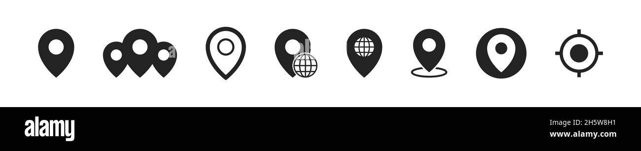 Location map pin pointer vector icon set, pointers in black flat style ...