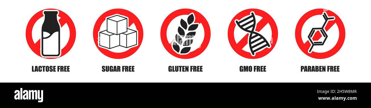Lactose, sugar, gluten, gmo, paraben free sticker sign set, organic nutrition food tag collection. Stock Vector