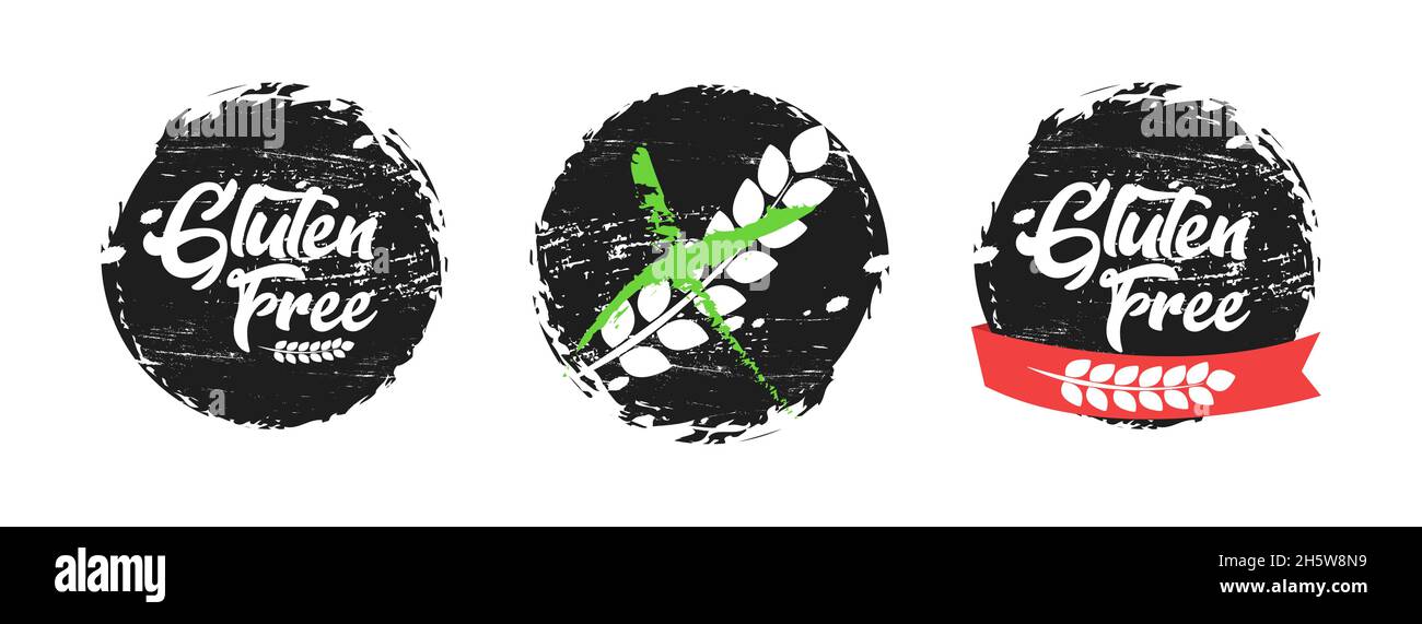 Gluten free grunge tag set, organic grungy grain eco sticker collection illustration. Stock Vector