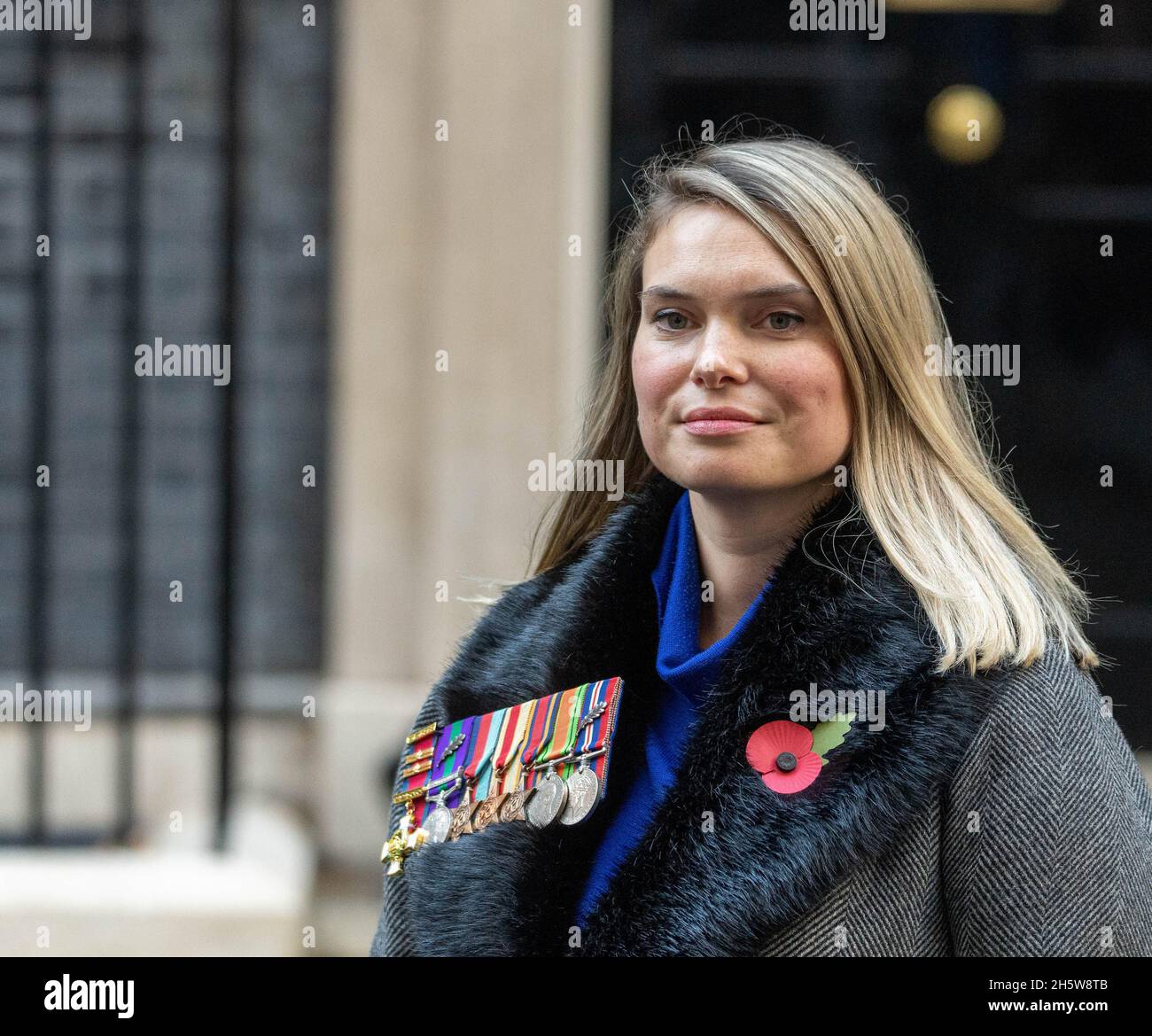 London, UK. 11th Nov, 2021. Alice Wingate-Pearce, Granddaughter of Major-General Orde Charles Wingate, DSO & Two Bars, founder of the Chindits, outside 10 Downing Street on Armistice day, wearing her grandfathers medals. Credit: Ian Davidson/Alamy Live News Stock Photo